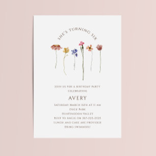 Colourful Wildflower Sixth Birthday Party  Invitation
