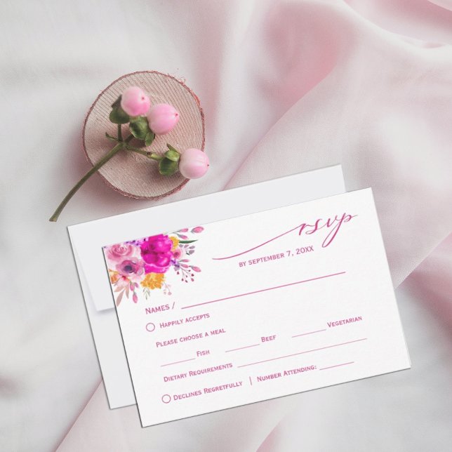 Colourful Wildflower Spring  RSVP Card (watercolor flowers in shades of pink and white in rustic garden greenery. #rsvp #responsecards)