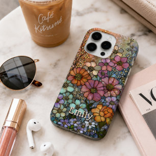 Colourful Wildflower Stained Glass Personalised iPhone 16 Pro Max Case