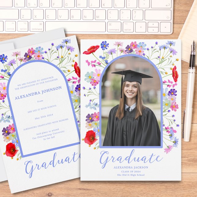 Colourful Wildflower Stylish Arch Graduate Photo Announcement (Modern wildflower arch grad photo high school graduation announcement card colorful boho floral)