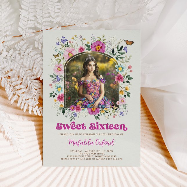 Colourful Wildflower Sweet 16 Birthday Photo Invitation (Creator Uploaded)
