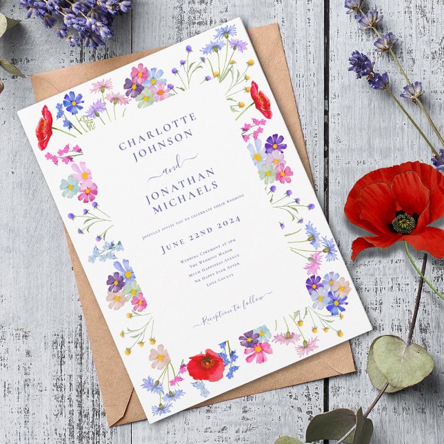 Colourful Wildflower Watercolor Purple Wedding Invitation (Colorful wildflower boho chic elegant purple typography wedding invitation )