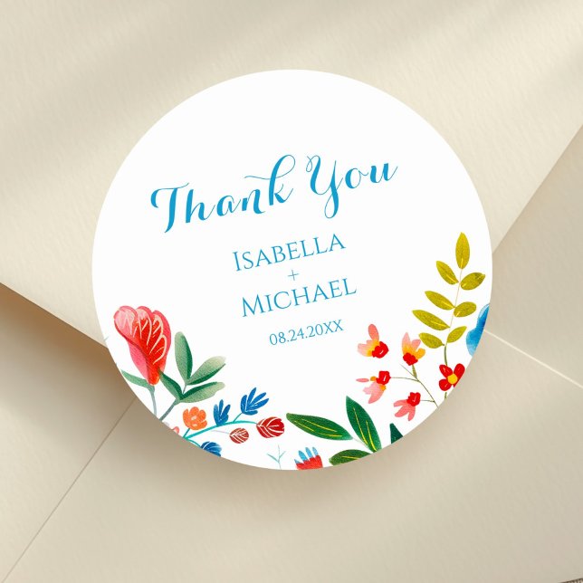 Colourful Wildflower Watercolor Wedding Thank You Classic Round Sticker (Creator Uploaded)