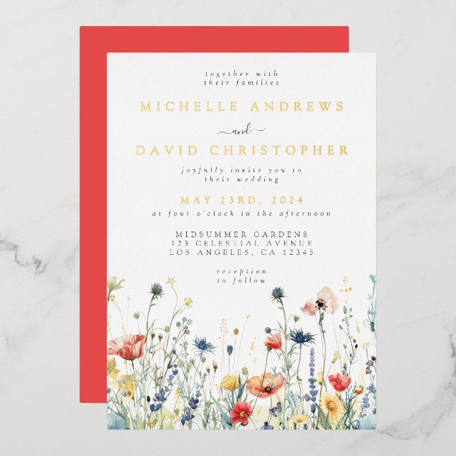 Colourful Wildflower Wedding Foil Invitation (Front/Back)