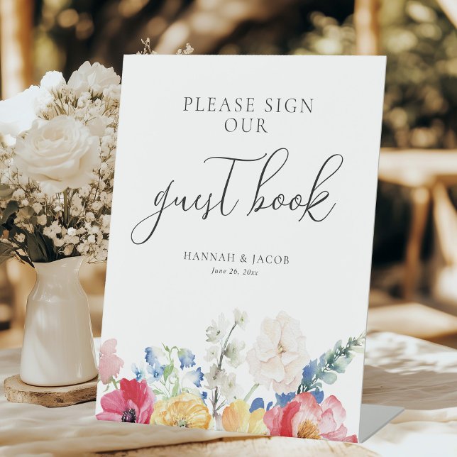 Colourful Wildflower Wedding Guest Book Table Pedestal Sign (Creator Uploaded)