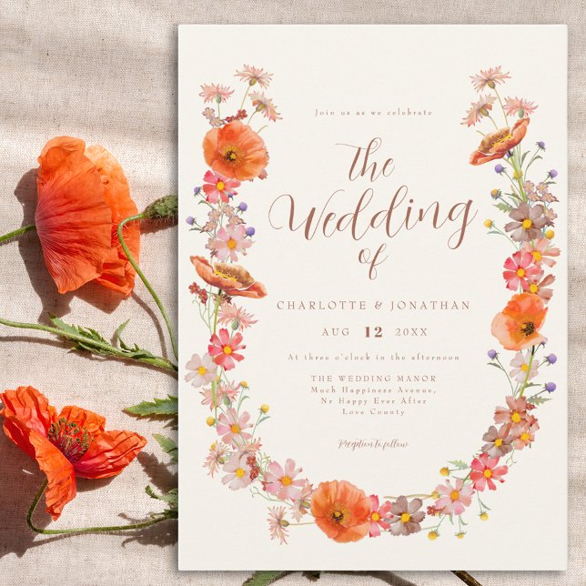 Colourful Wildflower Wedding Invitation (Elegant wildflower watercolor floral wedding invitation)