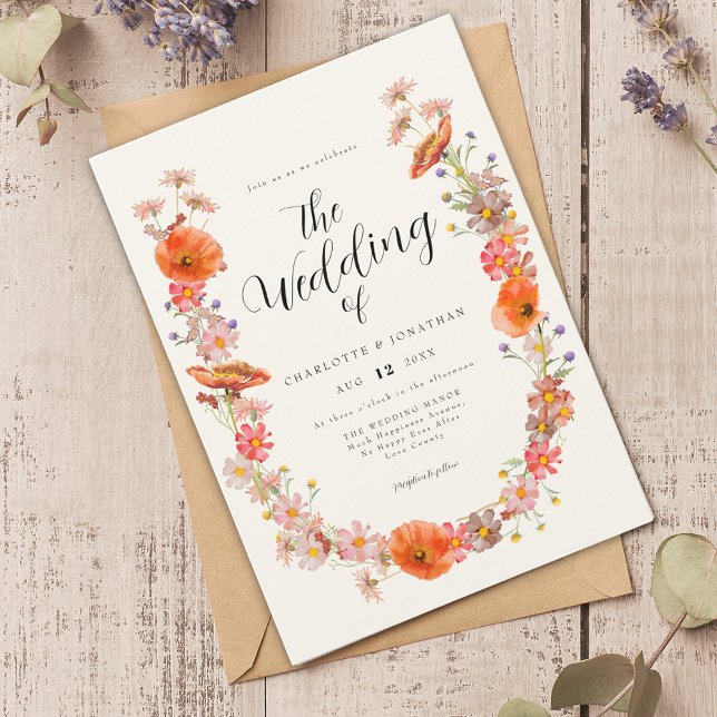 Colourful Wildflower Wedding Invitation (Wildflower watercolor florals wedding invitation)