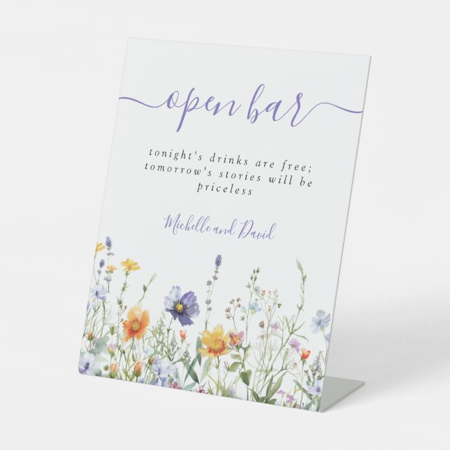 Colourful Wildflower Wedding Open Bar Pedestal Sign (Front)