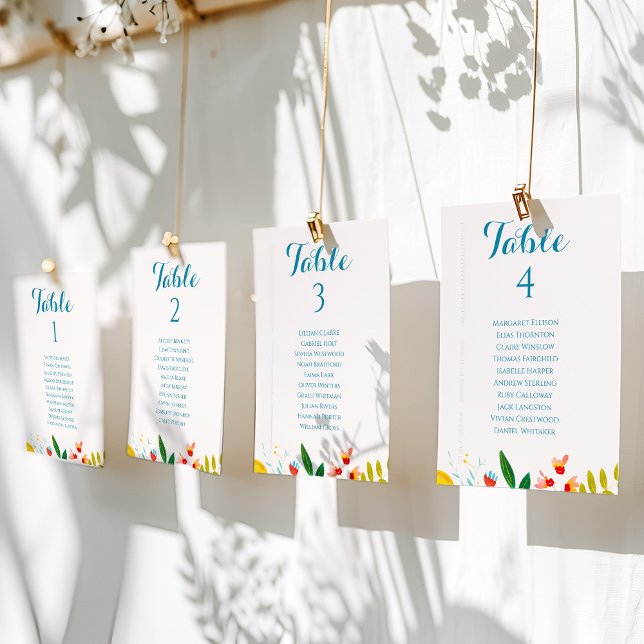 Colourful Wildflower Wedding Table Seating Chart (Colorful Floral Wedding Table Seating Chart Cards)