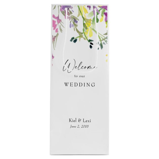 Colourful Wildflower Wedding Welcome  Wine Gift Bag (Front)