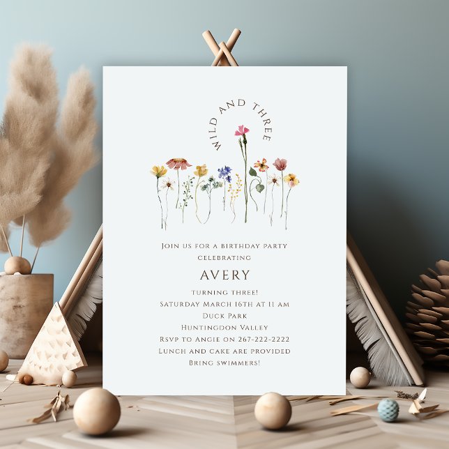 Colourful Wildflower Wild and Three Birthday Party Invitation (Creator Uploaded)