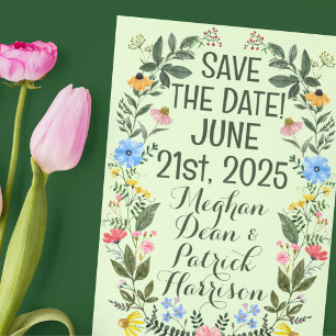 Colourful Wildflower Wreath Wedding Save-the-Date Postcard