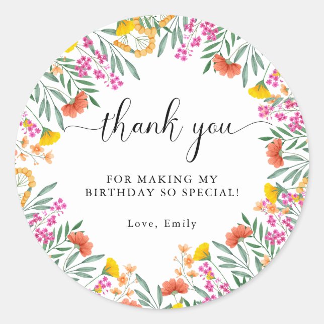 Colourful Wildflowers 1st Birthday Party Thank You Classic Round Sticker (Front)