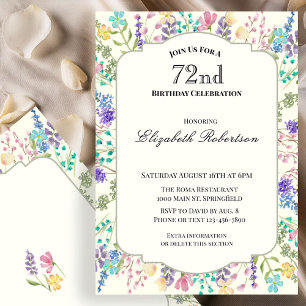 Colourful Wildflowers 72nd Birthday Party Invitation