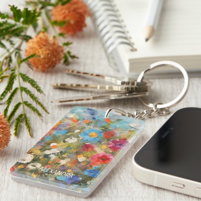 Colourful Wildflowers Abstract Floral Personalised Key Ring (Front Right)