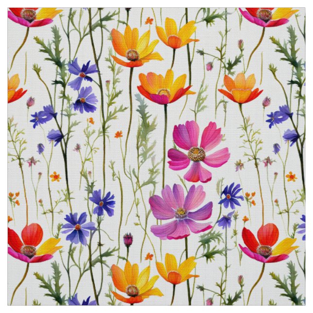 Colourful Wildflowers and Green Grass Fabric (Swatch)