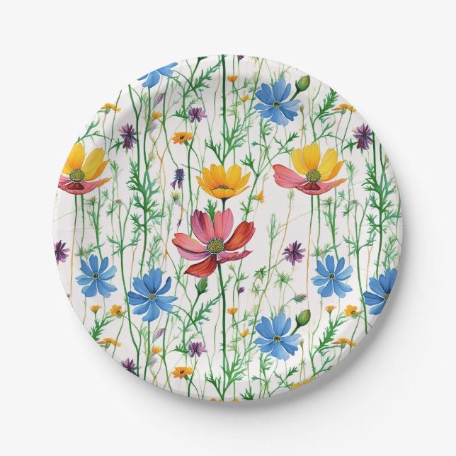 Colourful Wildflowers and Green Grass Paper Plate (Front)