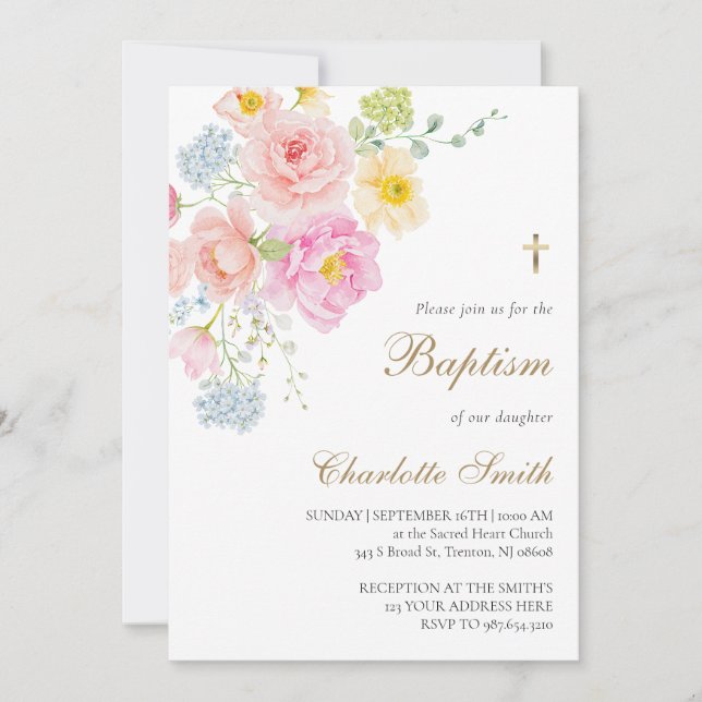 colourful wildflowers Baptism Invitation (Front)