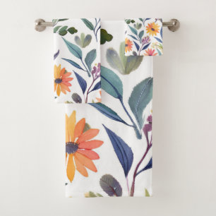 Colourful Wildflowers   Beautiful Floral Watercolo Bath Towel Set