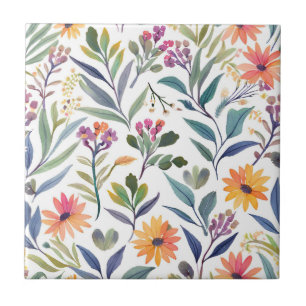 Colourful Wildflowers   Beautiful Floral Watercolo Tile