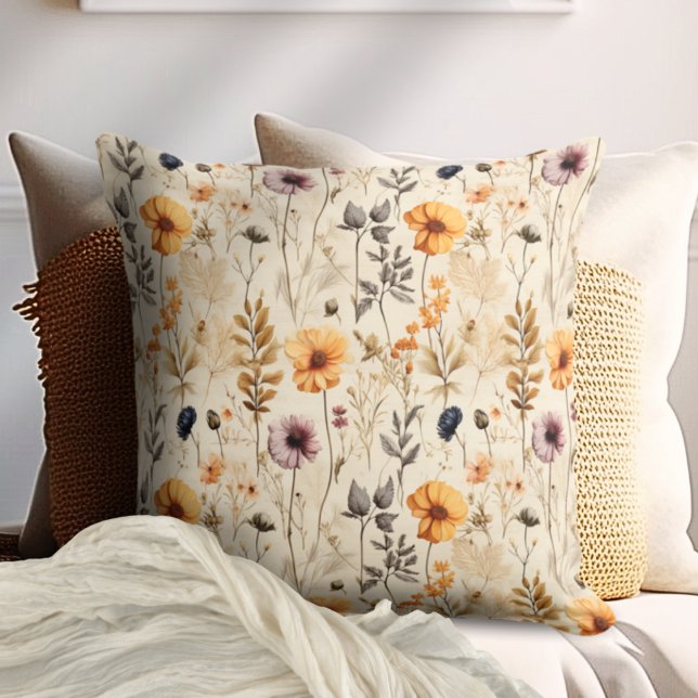 Colourful Wildflowers Boho Cushion (Colorful Wildflowers Boho Throw Pillow)