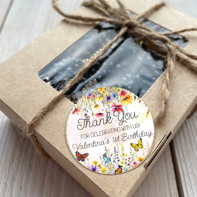 Colourful Wildflowers & Butterflies Birthday Party Classic Round Sticker (Creator Uploaded)