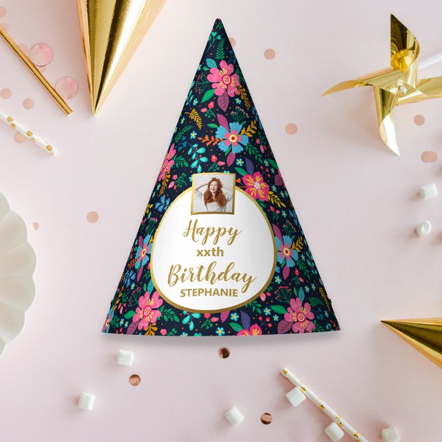 Colourful Wildflowers Custom Photo Happy Birthday Party Hat (Creator Uploaded)