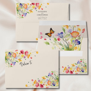 Colourful Wildflowers Elegant Beige Wedding Envelope