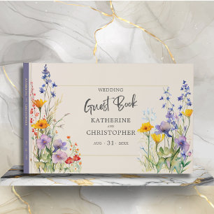 Colourful Wildflowers Elegant Beige Wedding Guest Book