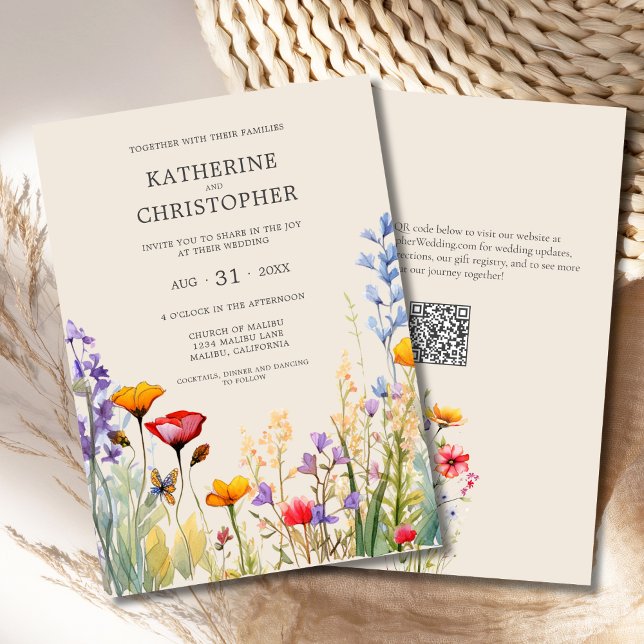 Colourful Wildflowers Elegant Beige Wedding Invitation (Colorful Wildflowers Elegant Beige Wedding Invitation with purple, orange, red, butterfly, QR code.)