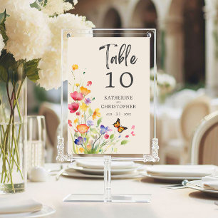 Colourful Wildflowers Elegant Beige Wedding Table Number