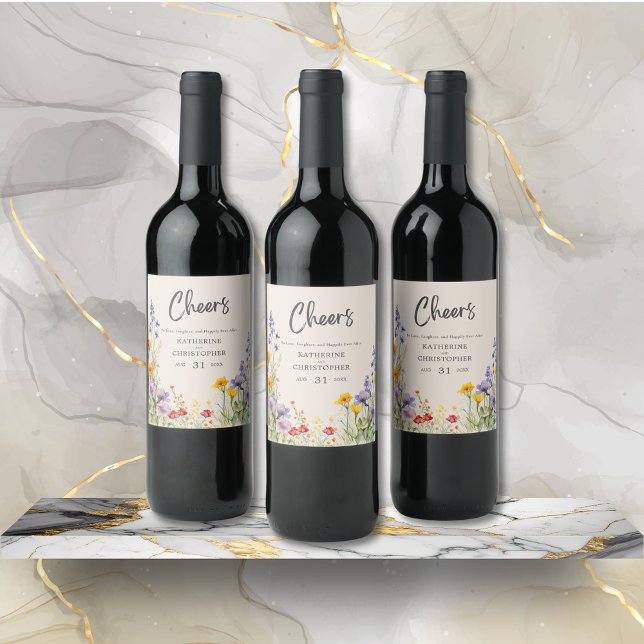 Colourful Wildflowers Elegant Cheers Wedding Wine Label (Cheers Wedding Wine Bottle with colorful wildflowers in purple, orange, and red jewel tones.)