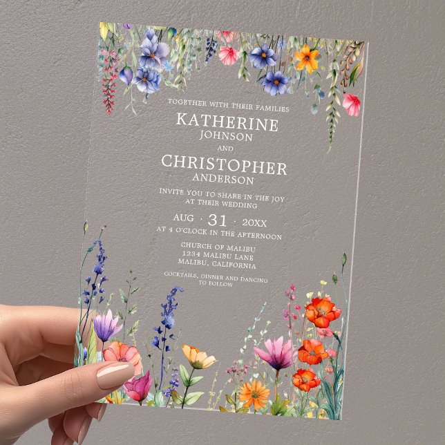 Colourful Wildflowers Elegant Wedding Clear Acrylic Invitations (Colorful Wildflowers Elegant Wedding Clear Acrylic Invitation with Couple First Last Names in White.)