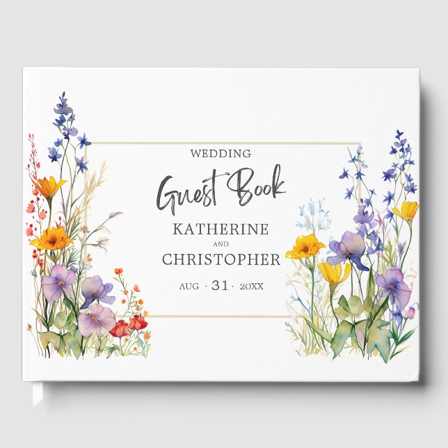 Colourful Wildflowers Elegant Wedding Guest Book (Front)
