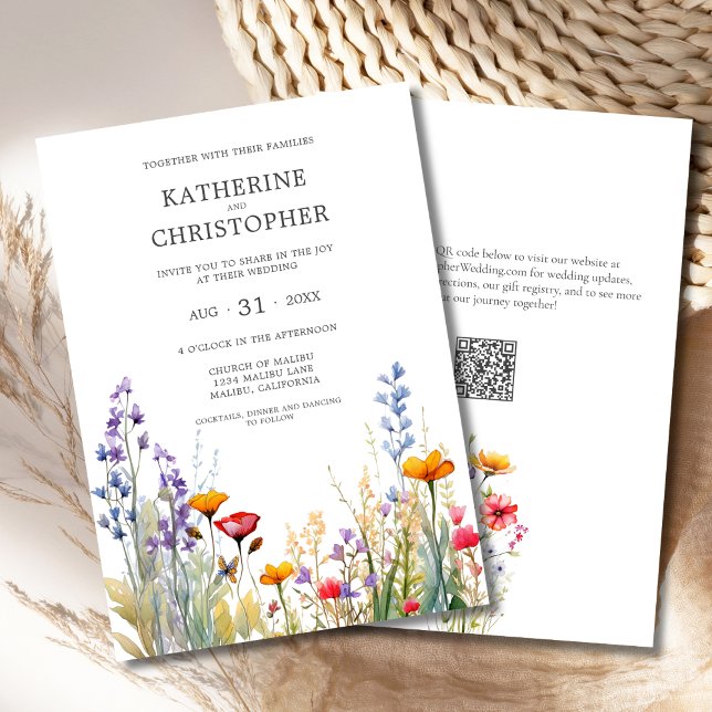 Colourful Wildflowers Elegant Wedding Invitation (Colorful Wildflowers Elegant Wedding Invitation with QR Code, Orange, Red, Purple Watercolor Flowers)