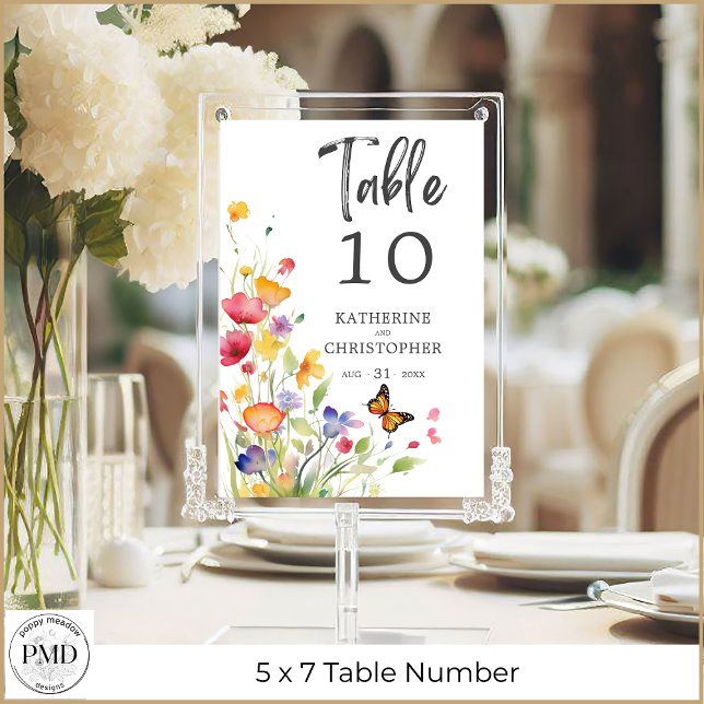 Colourful Wildflowers Elegant Wedding Table Number (Colorful Wildflowers Elegant Wedding Table Number 5x7 with Optional Guest Names on Back.)