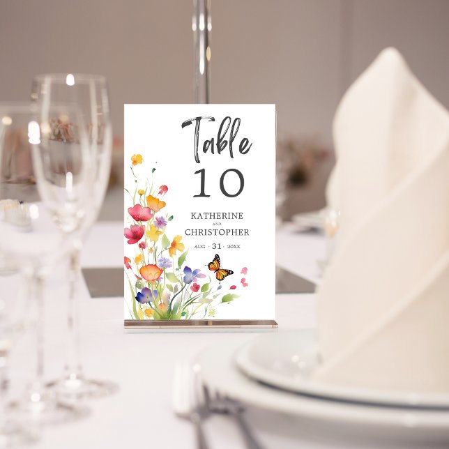 Colourful Wildflowers Elegant Wedding Table Number (Colorful Wildflowers Elegant Wedding Table Number 3.5x5, with Couple's Names, Date.)