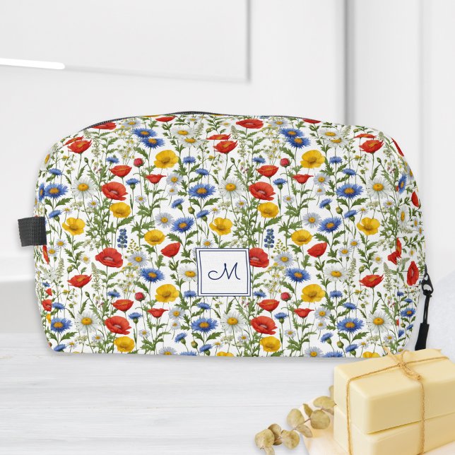 Colourful Wildflowers Floral Botanical Monogram Dopp Kit (A pretty monogrammed toiletry bag, adorned with a bright, colorful pattern of wildflowers)