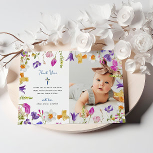 Colourful Wildflowers   Floral Frame Baptism Photo Thank You Card