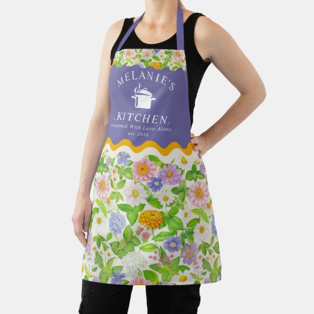 Colourful Wildflowers Floral Pattern Monogram Apro Apron (Insitu)