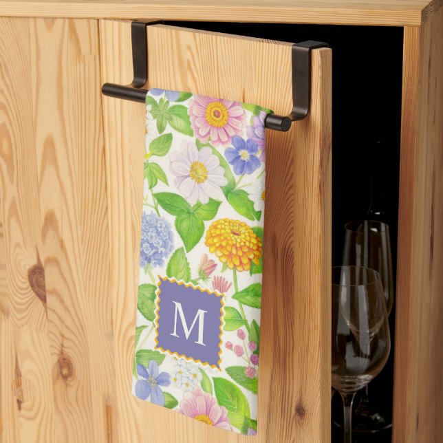 Colourful Wildflowers Floral Pattern Monogram Apro Tea Towel (Thirds Fold)