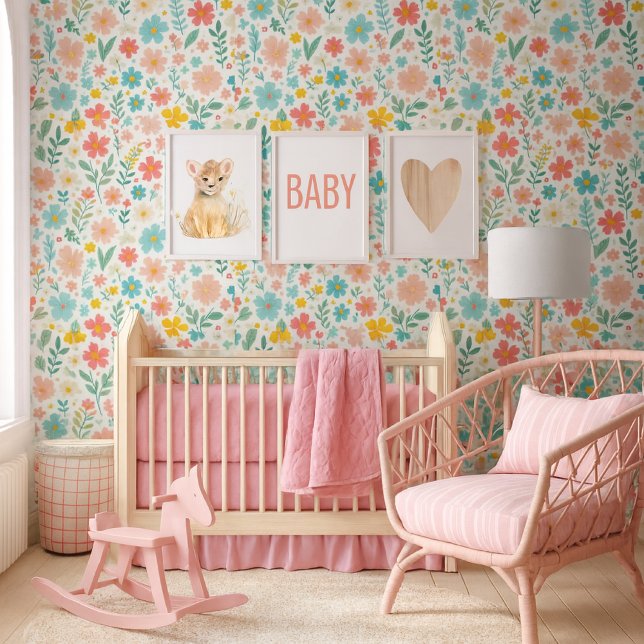 Colourful  Wildflowers  Floral Wallpaper (A charming baby nursery featuring a joyful & fresh color palette, with a focus a stunning wallpaper)