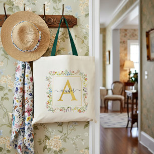 Colourful wildflowers frame personalised tote bag