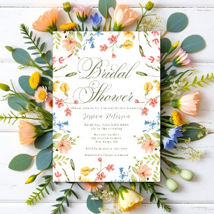 Colourful Wildflowers Green & White Bridal Shower Invitation