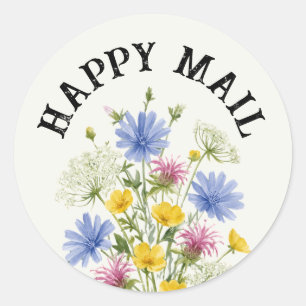 Colourful Wildflowers Happy Mail Classic Round Sticker