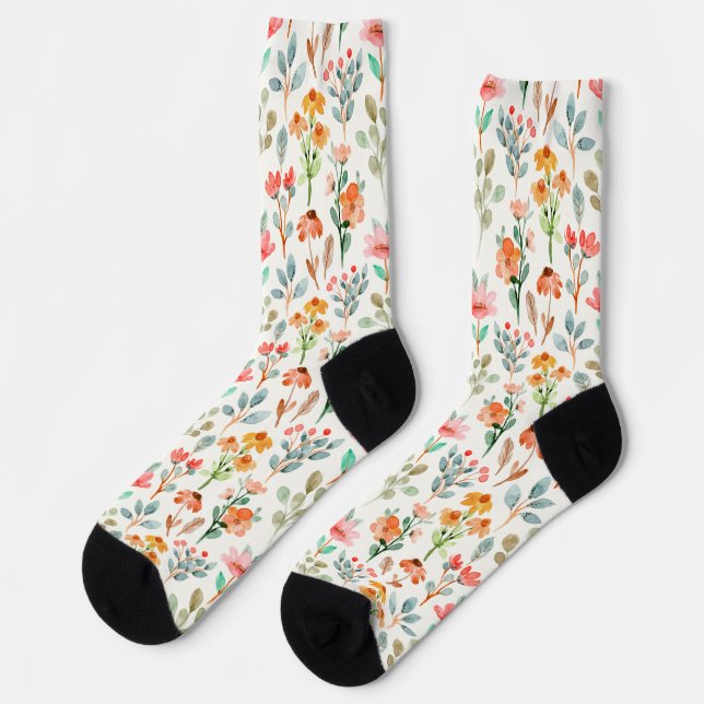 Colourful wildflowers in watercolor on white socks (Left)