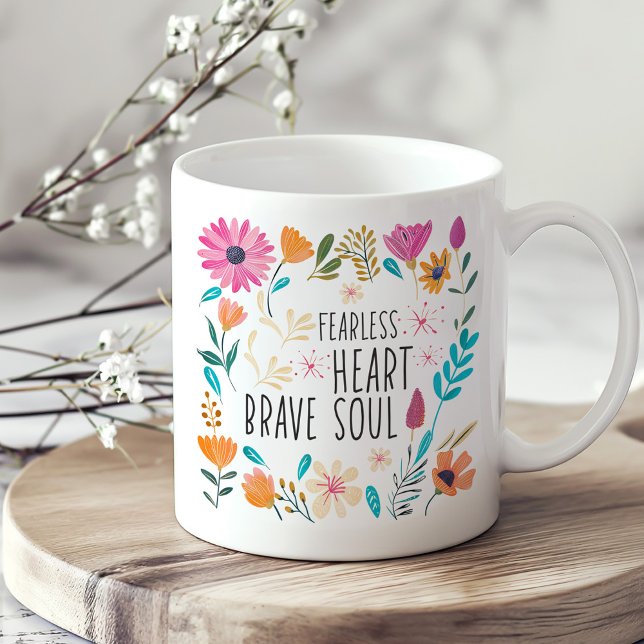 Colourful Wildflowers Inspiration Self-Care Coffee Mug (Colorful Wildflowers Inspiration Self-Care Coffee Mug on a boho kitchen table.)
