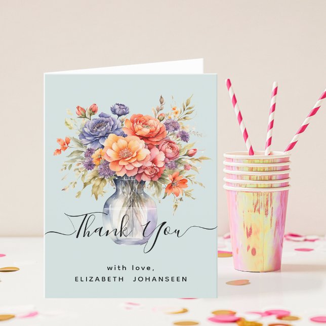 Colourful Wildflowers Mason Jar Blue Bridal Shower Thank You Card (Creator Uploaded)