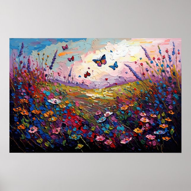 Colourful Wildflowers Meadow with Butterflies Poster (Front)
