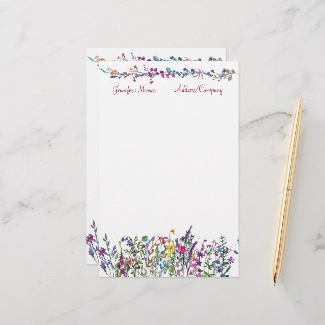 Colourful wildflowers personalised stationery (Front/Back In Situ)